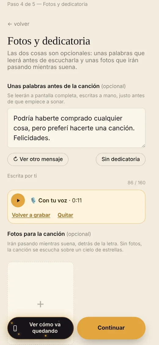 Paso 7: Fotos y dedicatoria, con tu voz si quieres